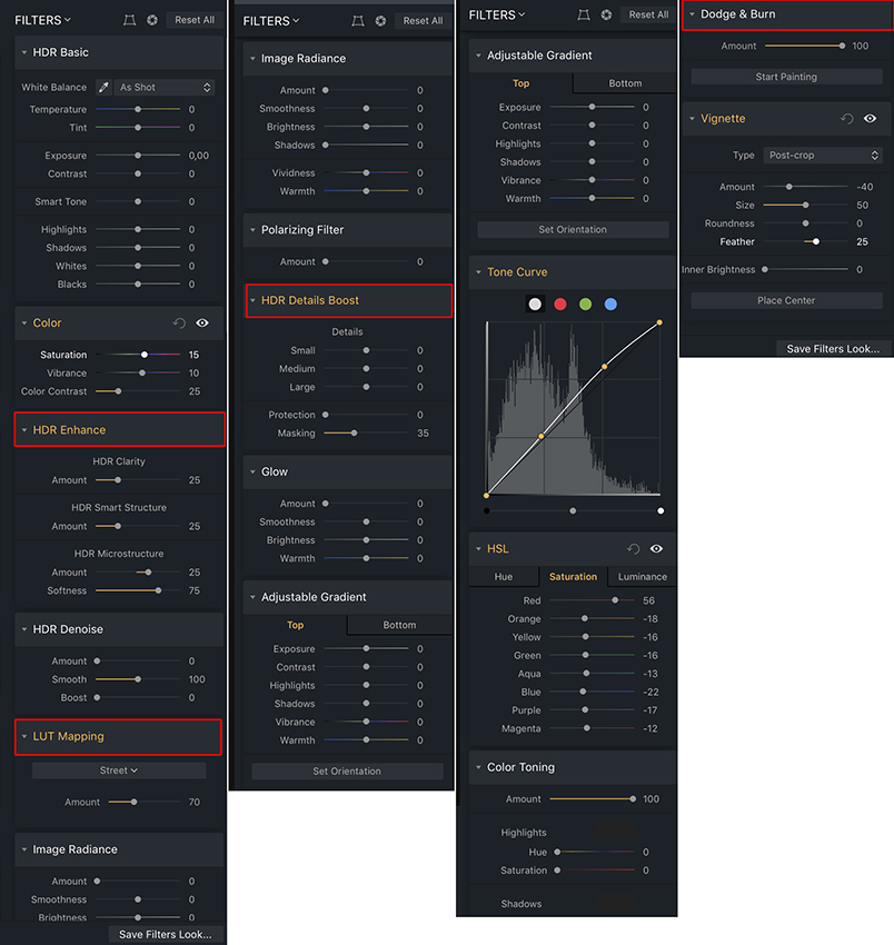 Aurora hdr filter menus