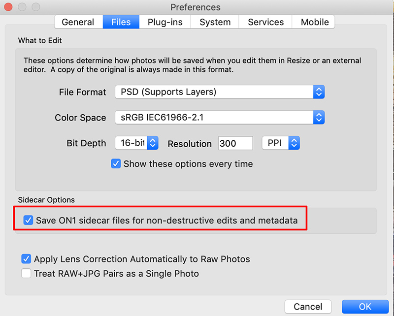 on1 photo raw sidecar files