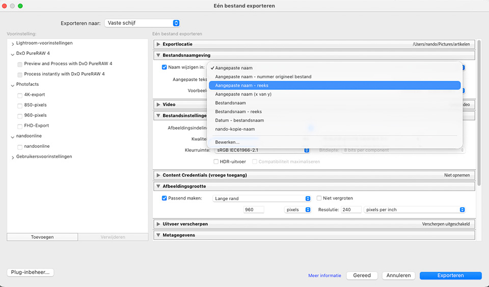 Nando lightroom exporteren
